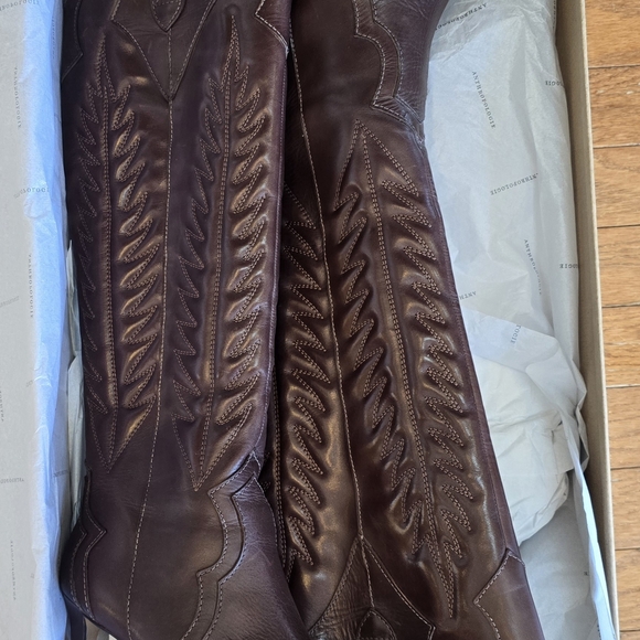Anthropologie Brown Leather Knee-High Western Stiletto Boots. Brand New. - Picture 3 of 9